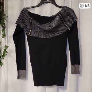 VENUS Black and Silver Off-Shoulder Sweater